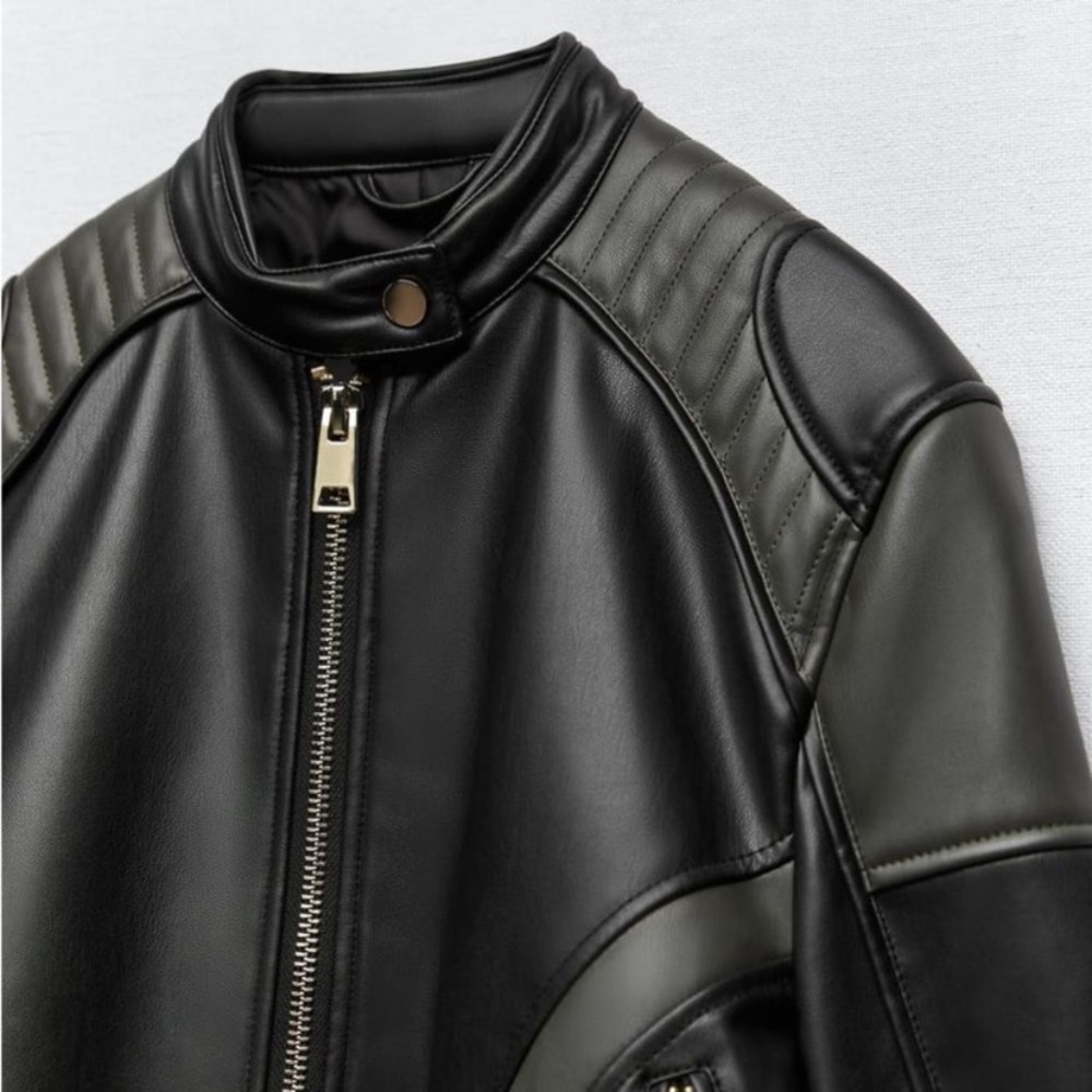 Zara CONTRASTING FAUX LEATHER BIKER JACKET